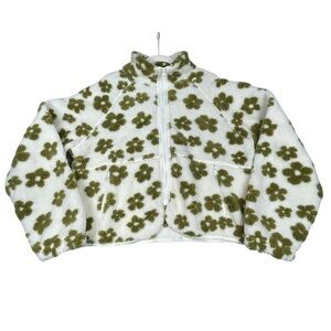 Buttermelon Floral Zip-Up Cropped Fleece Teddy Bear Fun Cozy Jacket - Sz M